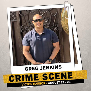 Greg Jenkins featured guest graphic for CRIME SCENE Victor Harbor, August 21-23