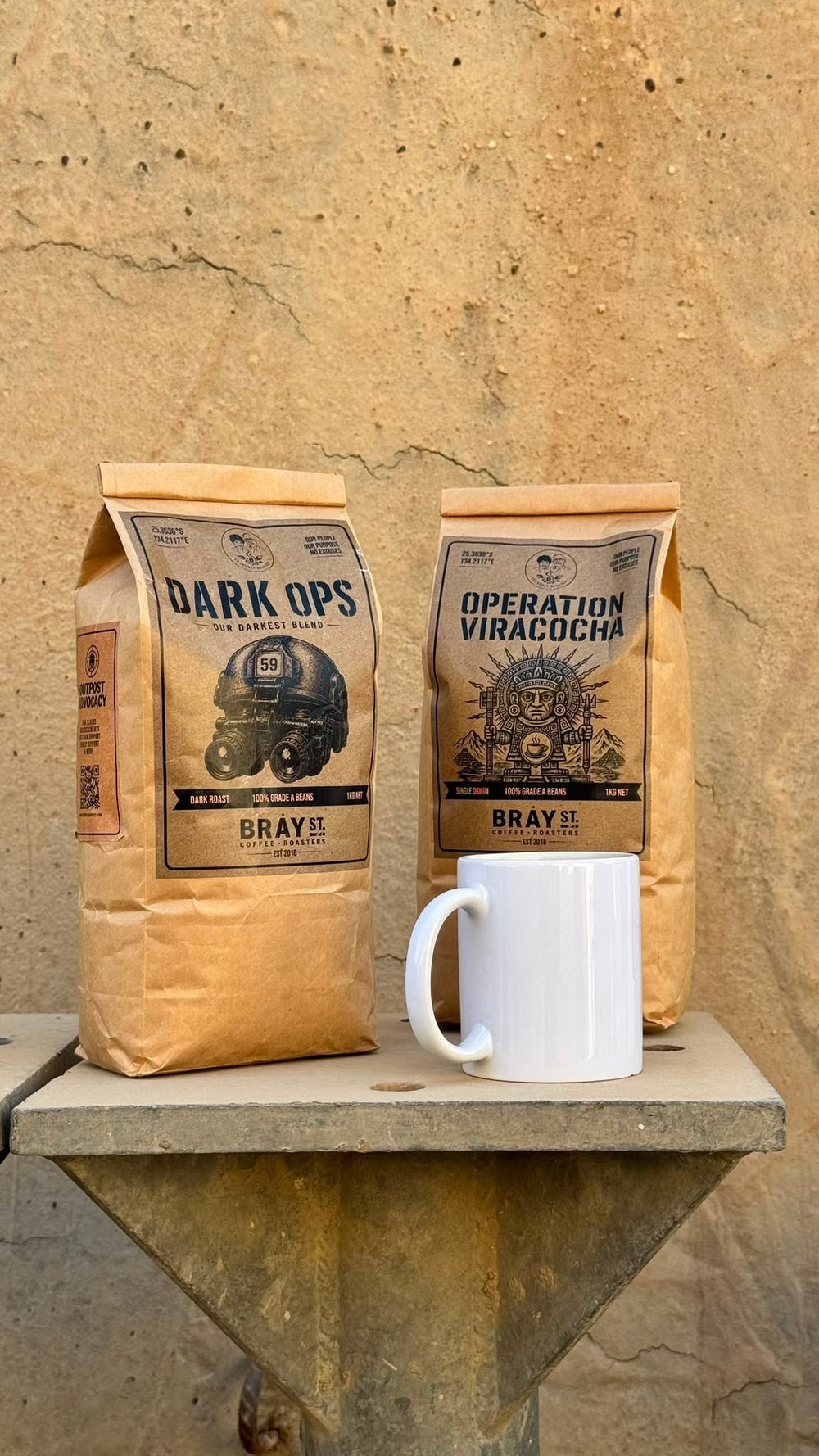 Dark Ops and Operation Viracocha 1kg kraft bags with a coffee mug