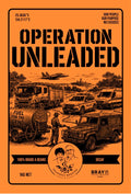 Operation Unleaded decaf 1kg bag label — orange front artwork with emergency vehicles refuelling