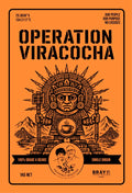 Operation Viracocha 1kg bag label — orange front artwork with Inca sun god