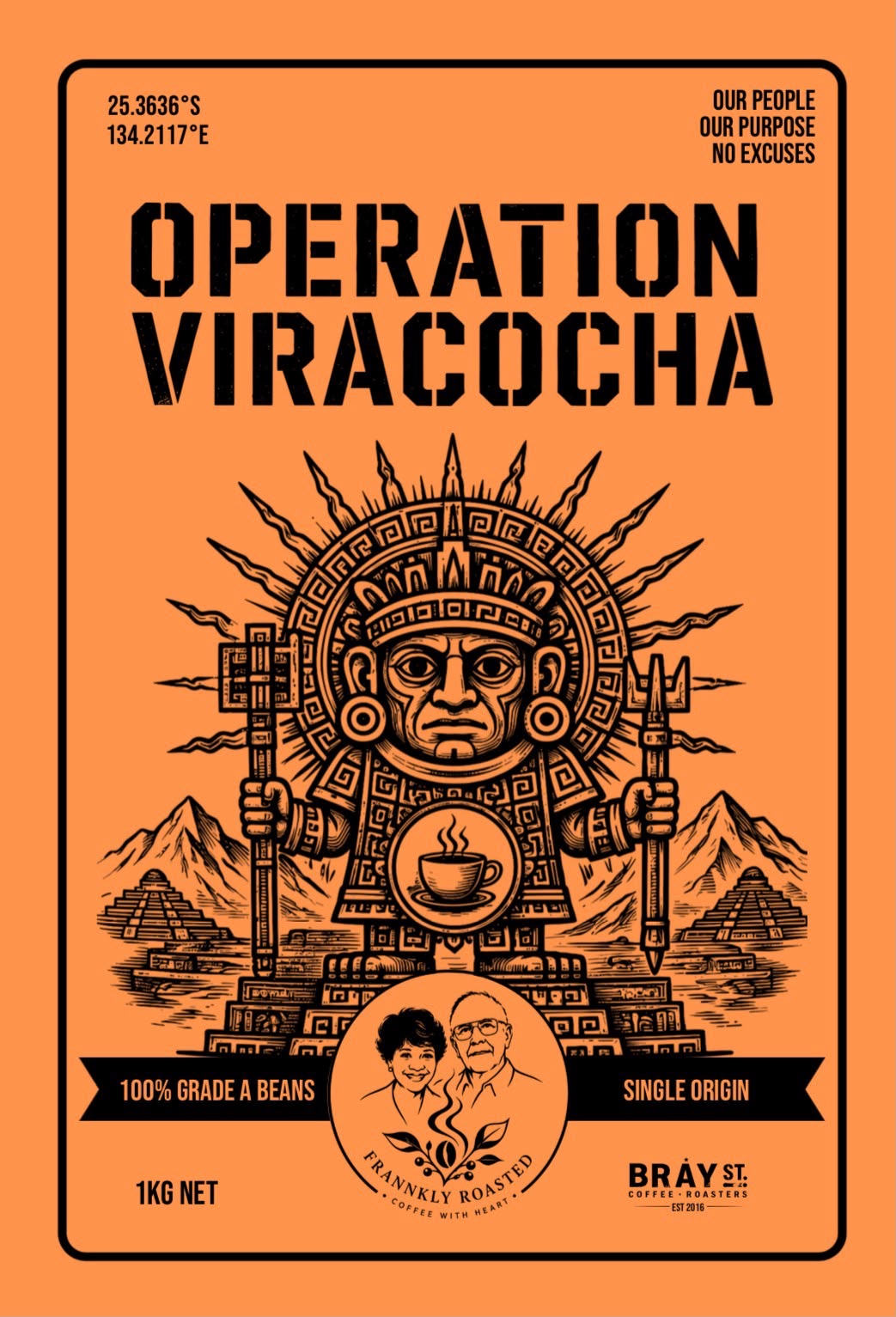 Operation Viracocha 1kg bag label — orange front artwork with Inca sun god